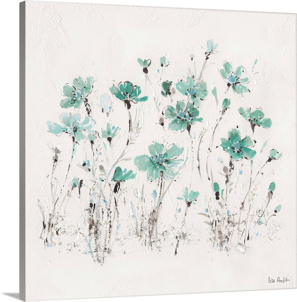 Contemporary artwork of turquoise wildflowers sprouting from a textured white background.
