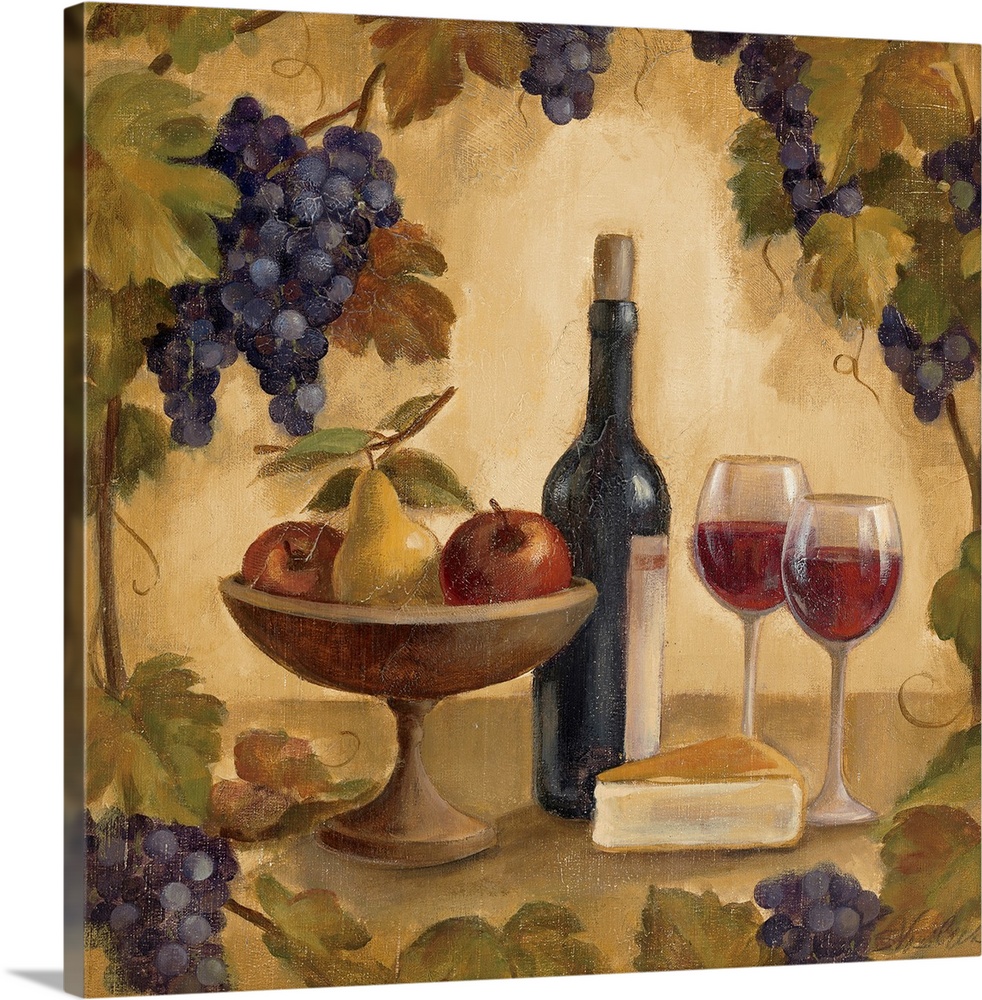 Docor perfect for the kitchen of wine, cheese, a fruit bowl and grapes on the vine outlining the entire piece.