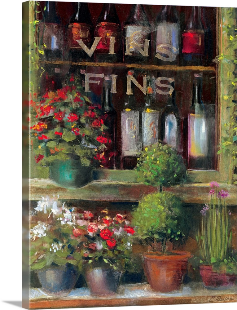 Painting of flowers and plants outside of a window sill with bottles lining the inside view on shelves.