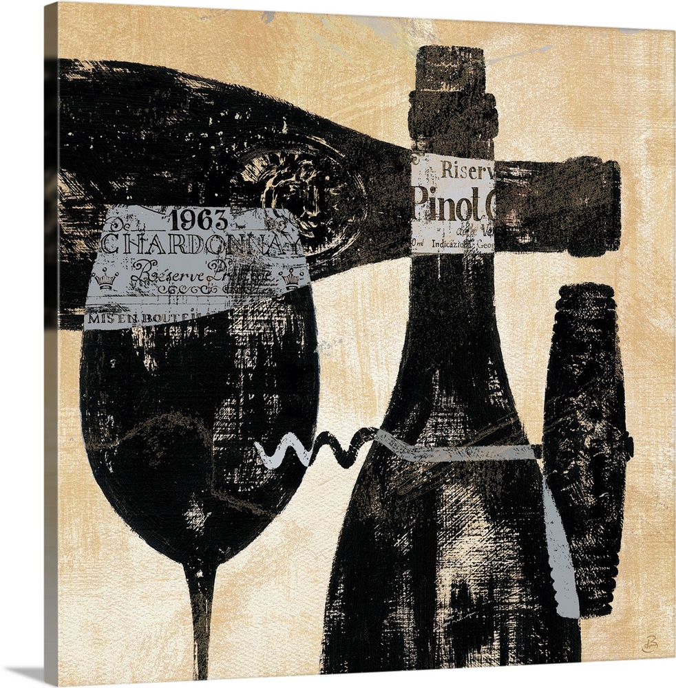 Contemporary painting of wine bottles, a corkscrew and wine glasses.