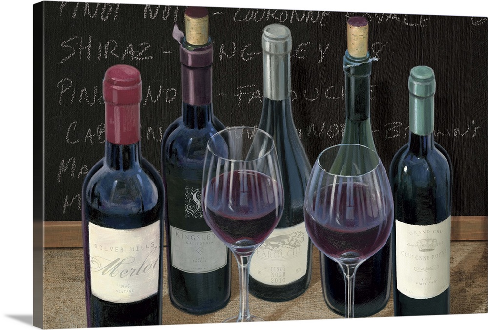 Contemporary artwork of bottles and glasses of wine lined up together.