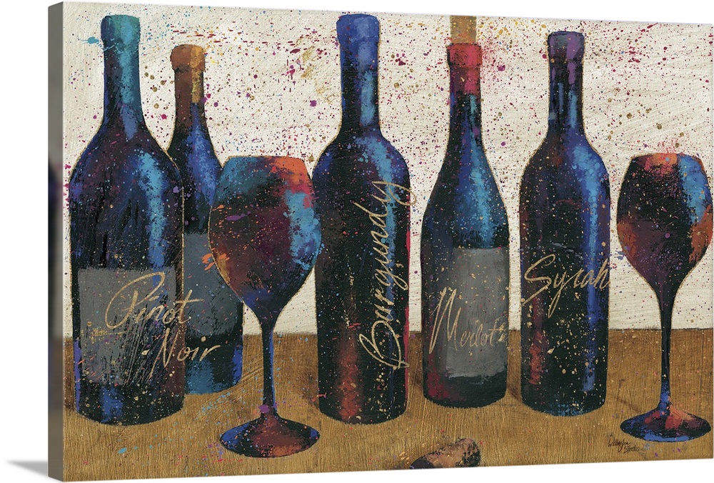 Painting of five bottles of wine and a couple of wine glasses, with paint platters for added effect.