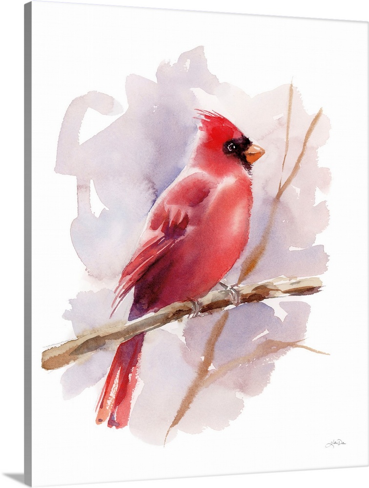 A simple watercolor illustration of a red Cardinal bird on a bare branch against a mauve and white background