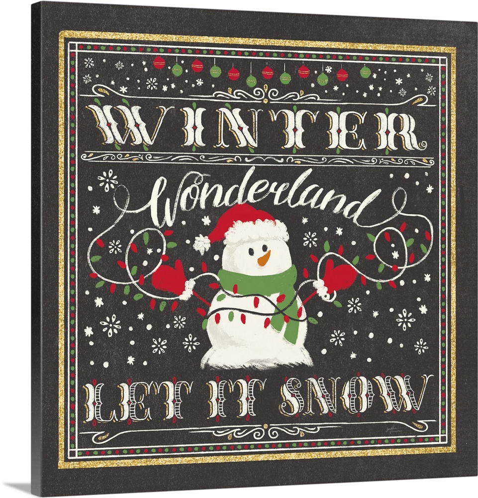 "Winder Wonderland, Let It Snow" with a snowman holding lights on a black backdrop and gold accents throughout.