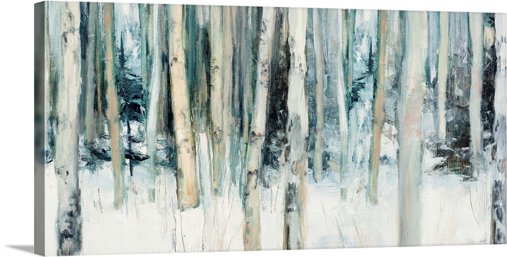 Abstract painting of birch trees in the woods covered in snow with cool tones.