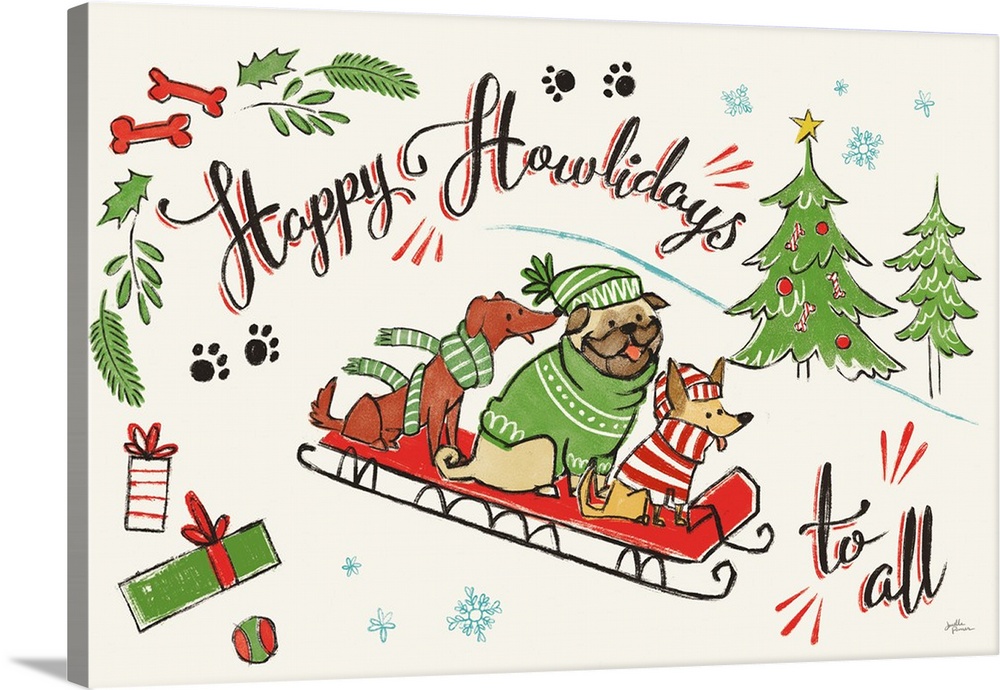 "Happy Holidays to All" written around a Winter scene with three dogs on a red sled.