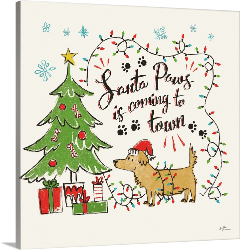 "Santa Paws is coming to town" with a decorative holiday design of a dog wearing a Santa hat with a Christmas tree and lig...