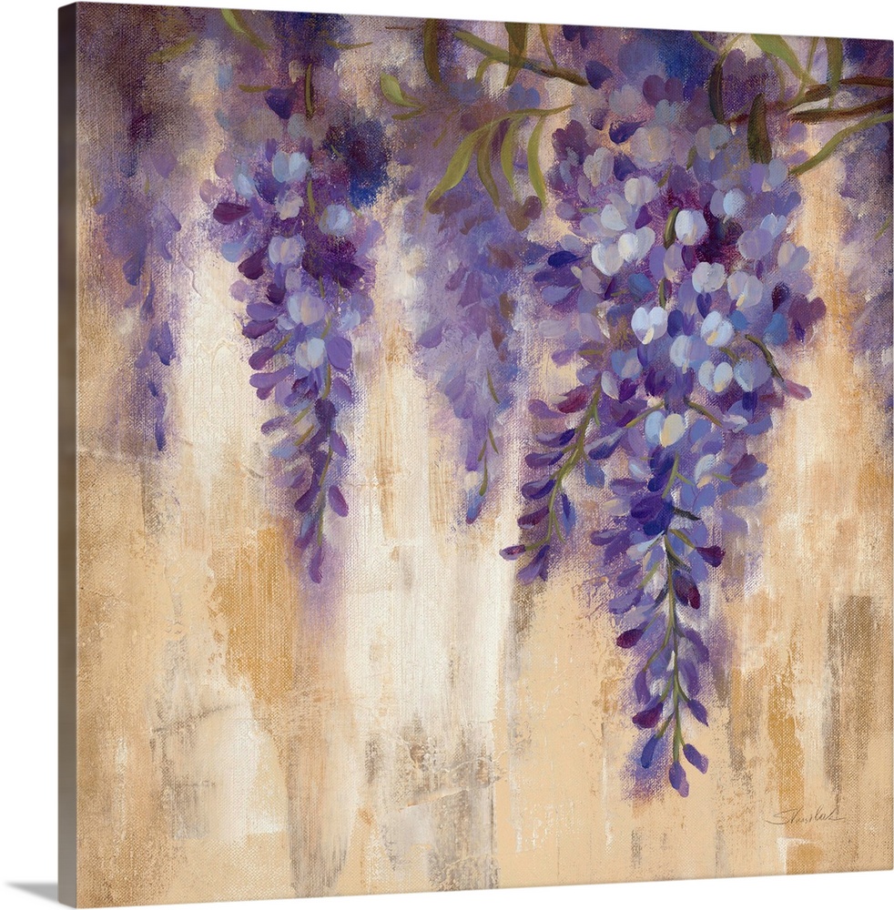 Contemporary painting of purple flowers hanging from vines, against a beige background.