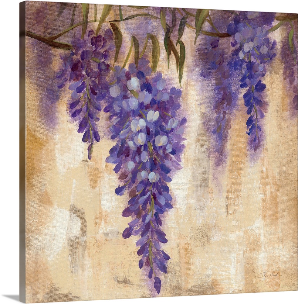 Contemporary painting of purple flowers hanging from vines, against a beige background.