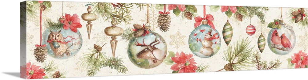 Decorative design of a variety of holiday ornaments on a neutral beige backdrop with snowflakes.