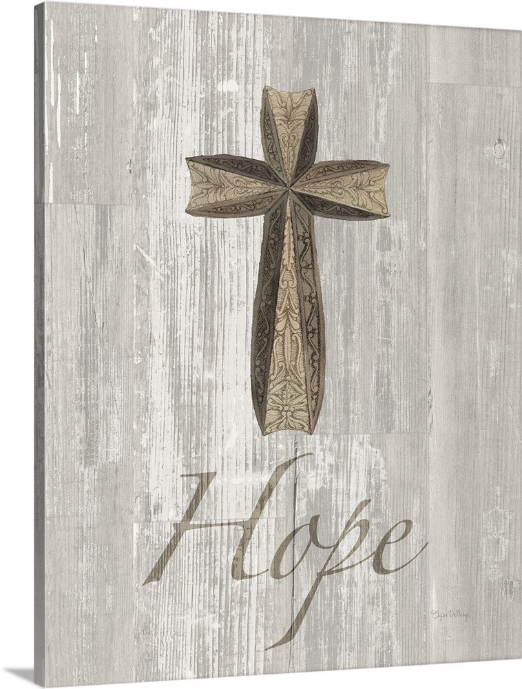 "Hope" with a large cross on a grey wood background.