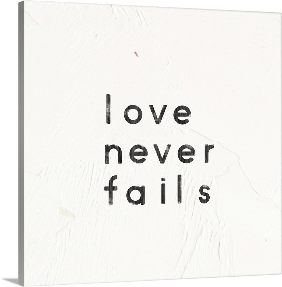 "Love Never Fails" written on a painted white texture background.