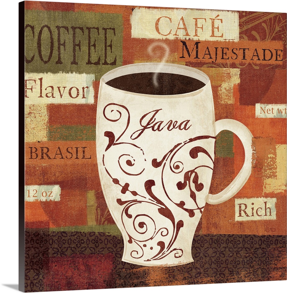 Canvas painting of a large cup of steaming coffee with blocks of color with words that describe coffee in the background.