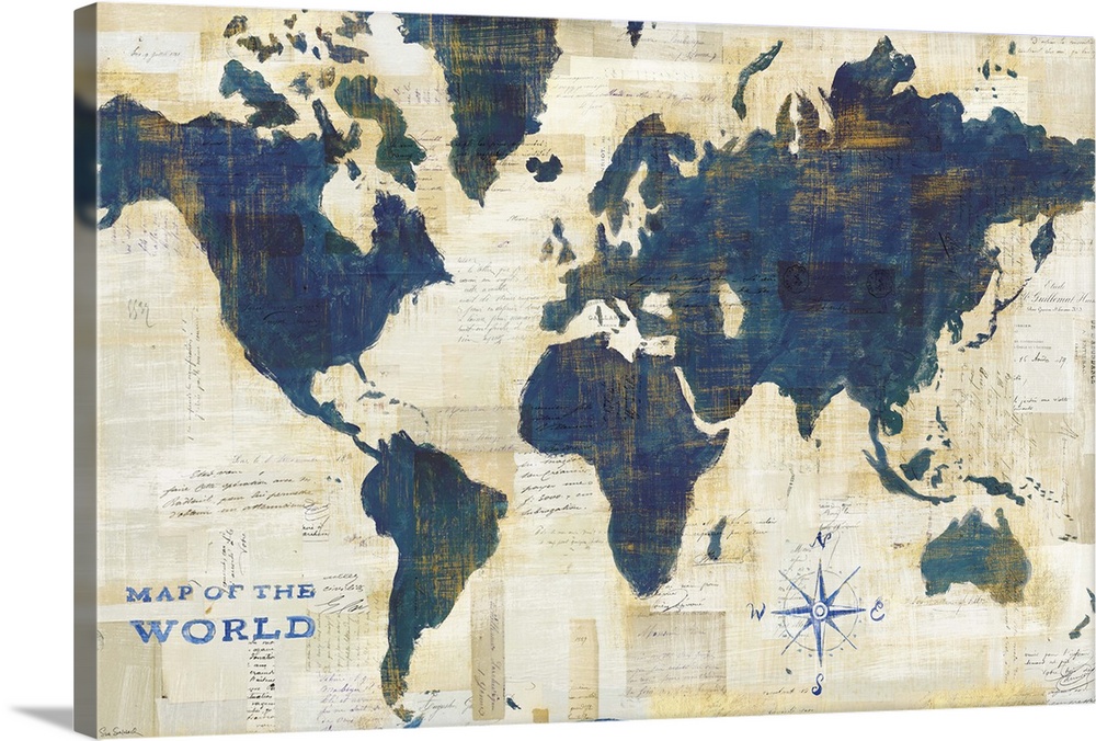 Mixed media map of the world in navy blue.