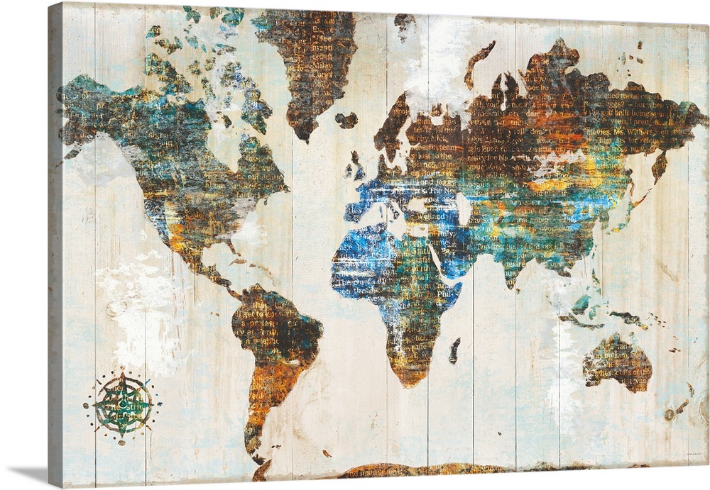 World map made of multi-color textures with text peeping through, on a wood plank backdrop.