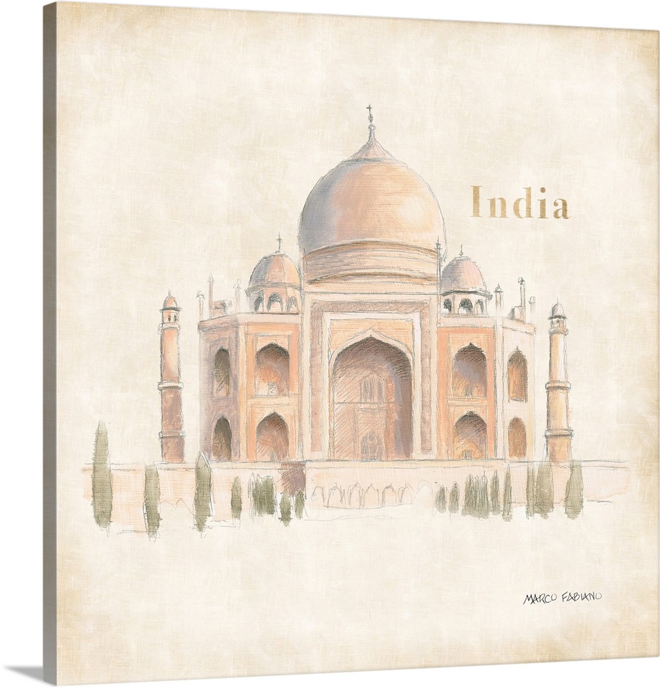Decorative artwork featuring an illustration of the Taj Mahal in India over an aged background.