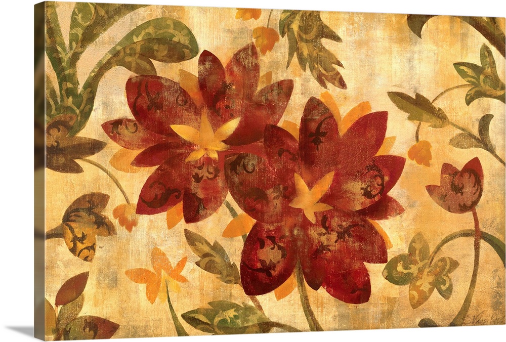 Giant, landscape, floral home art docor of large, warm flowers surrounded by twirling leaves and branches on a golden, ant...