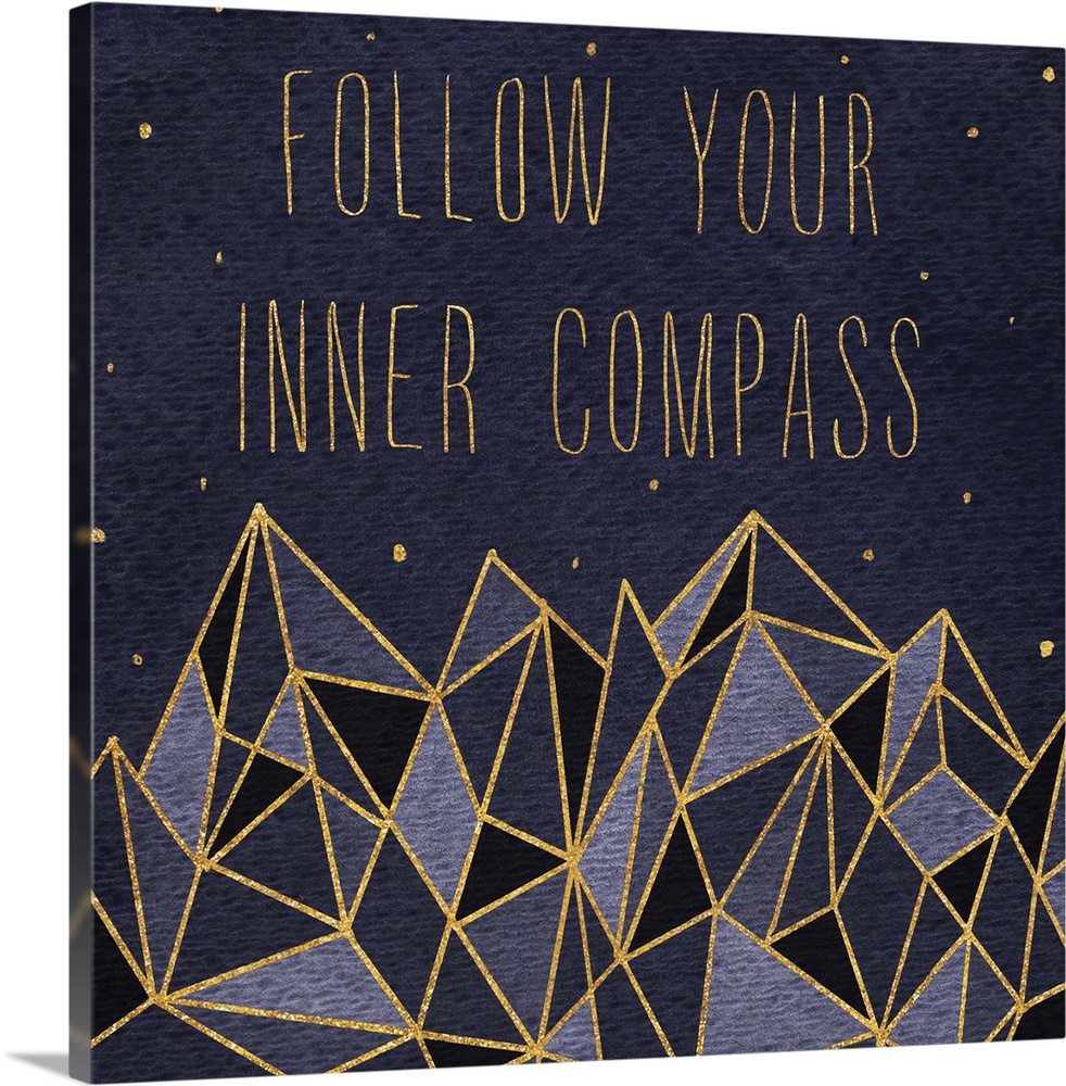 "Follow your inner compass" over crystalline mountains with gold lines under the stars.