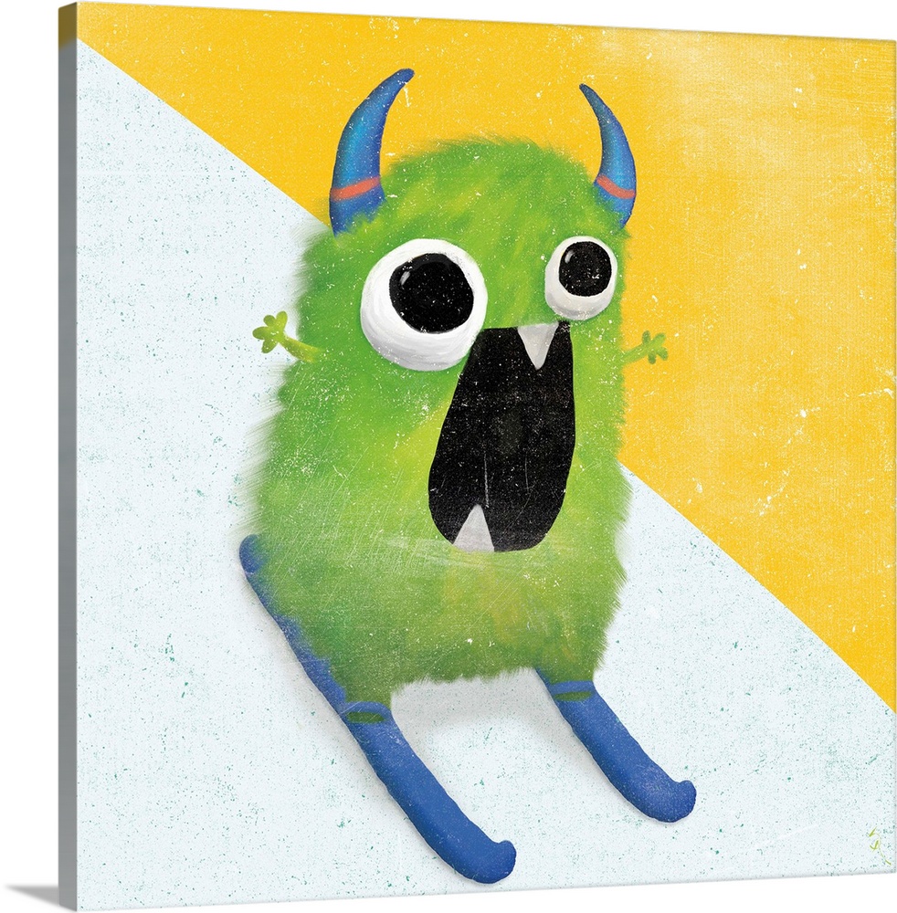 Whimsical square art of a green monster with blue horns skiing down a slope.