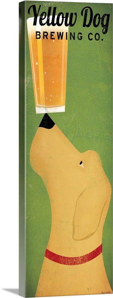 Vertical panoramic advertising painting with dog balancing a cup of beer on the tip of his nose.