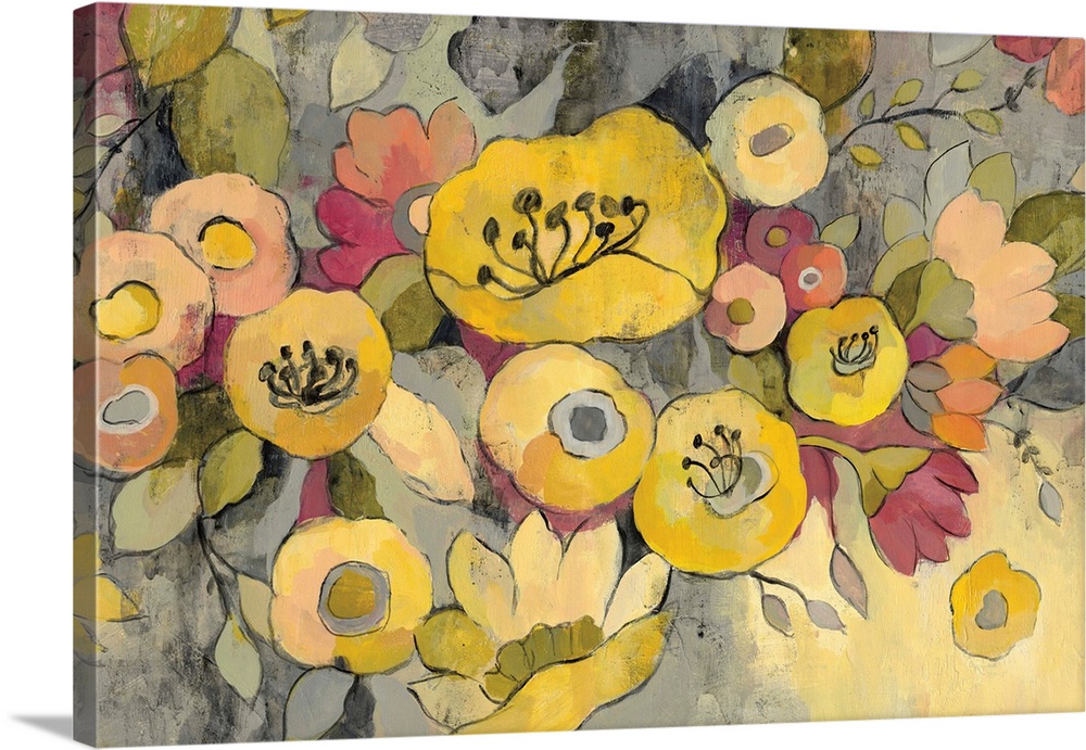 Painting of a bouquet of yellow poppies and daisies.