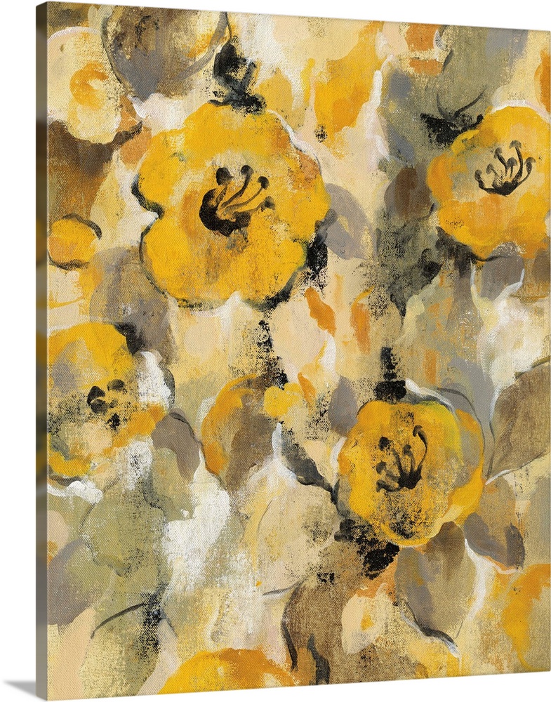 Contemporary painting of several golden flowers.