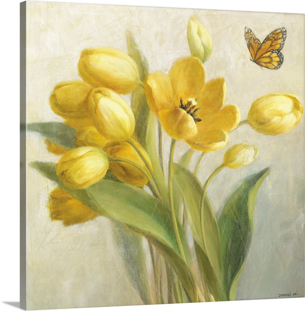 Painting of brightly colored flower buds and one blossomed flower with a butterfly approaching it.