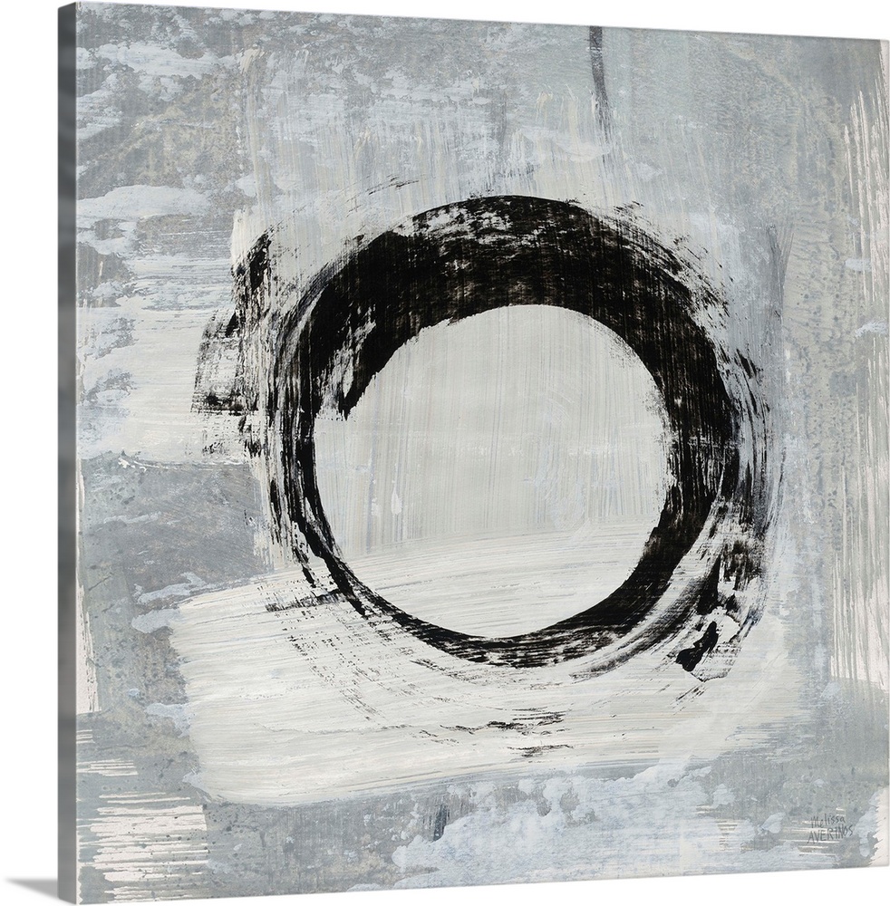 Square abstract painting of a bold, black circle on a gray and white background.