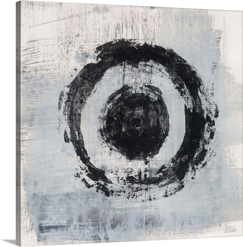 Square abstract painting of two bold, black circles on a gray and white background.