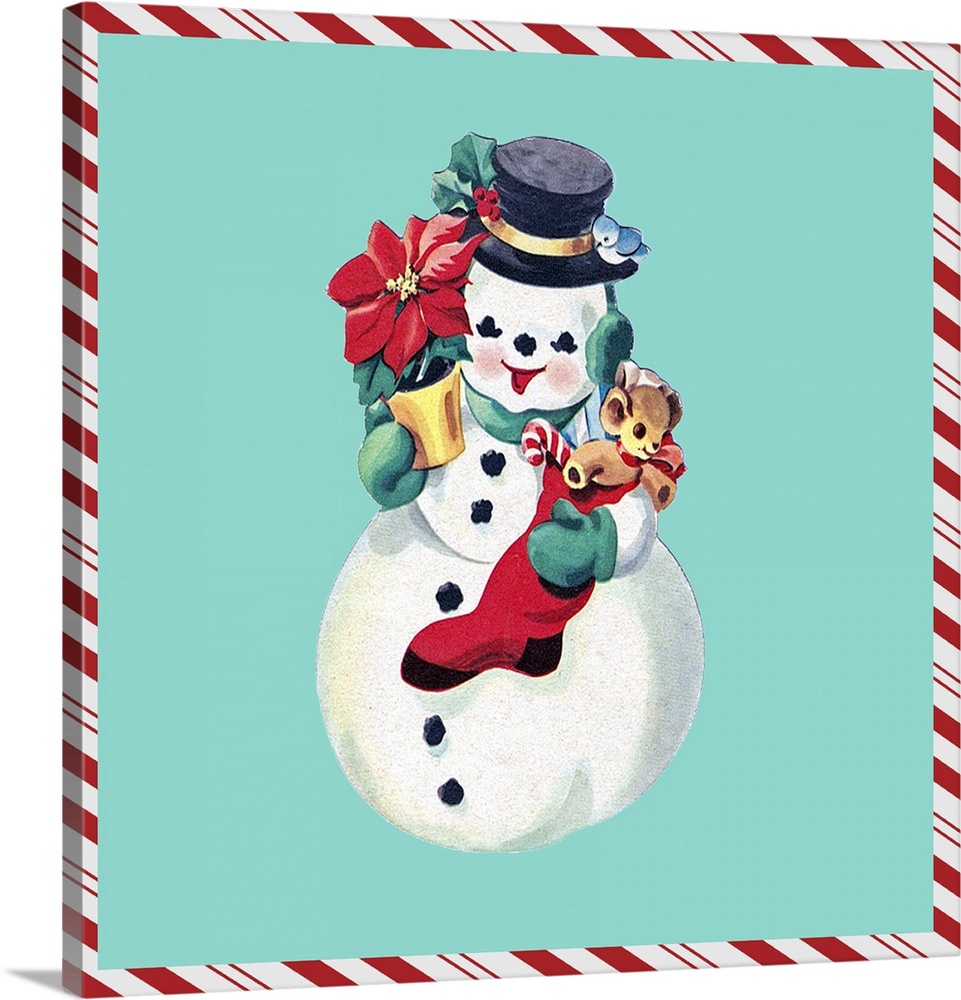 Square vintage artwork of a snowman holding a stocking and poinsettia on a teal background bordered with a candy cane patt...