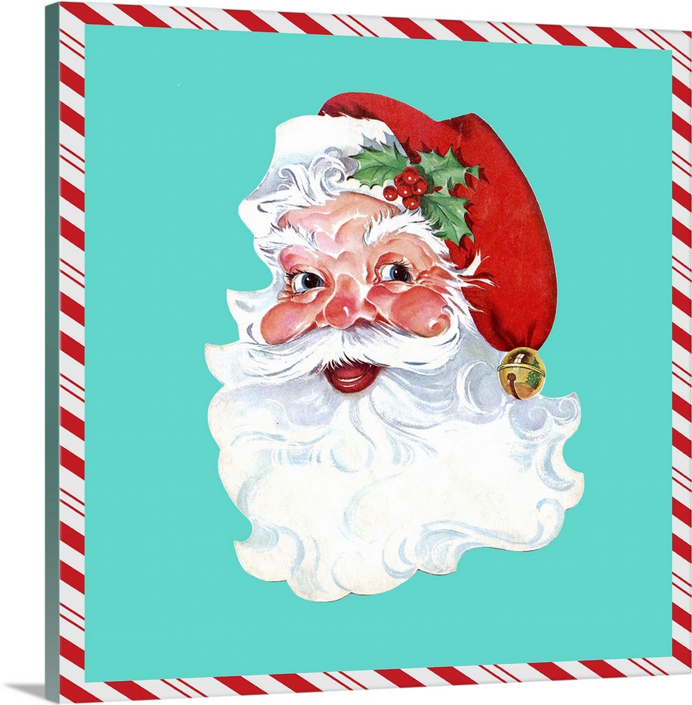 Square vintage artwork of a smiling Santa on a teal background bordered with a candy cane pattern.