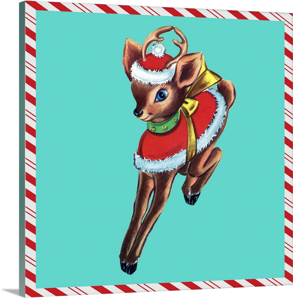Square vintage artwork of a young reindeer on a teal background border with a candy cane pattern.