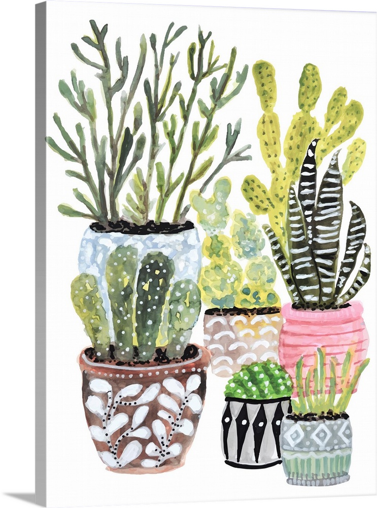 A simple grouping of pretty ceramic pots holding a variety of succulent plants. A contemporary painting with a feminine bo...