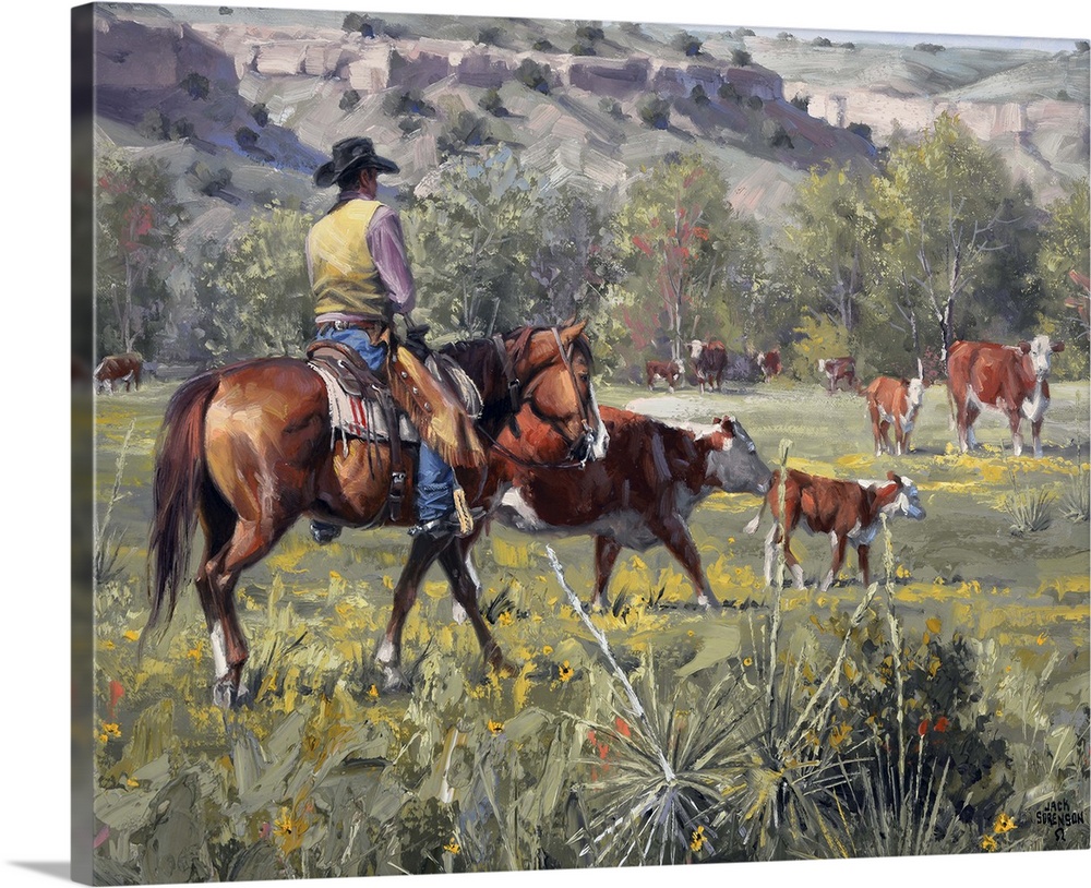 This contemporary artwork of a cowboy and his cattle reminds one of the simple times during yesteryear.