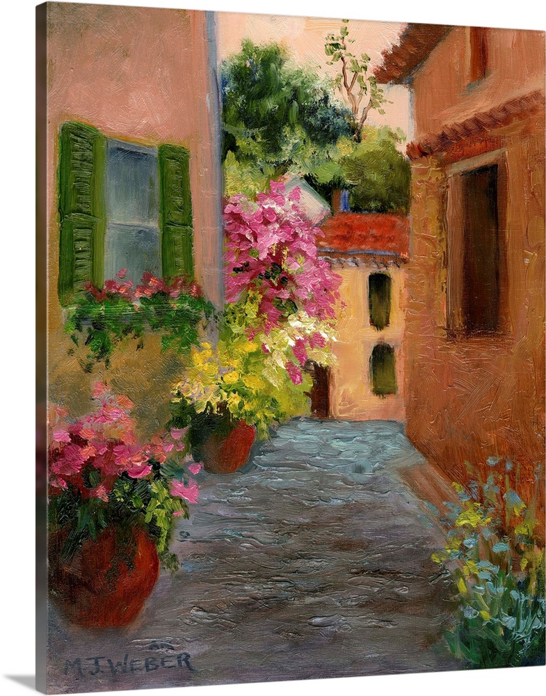 Contemporary painting of an alley in a village with large potted plants.