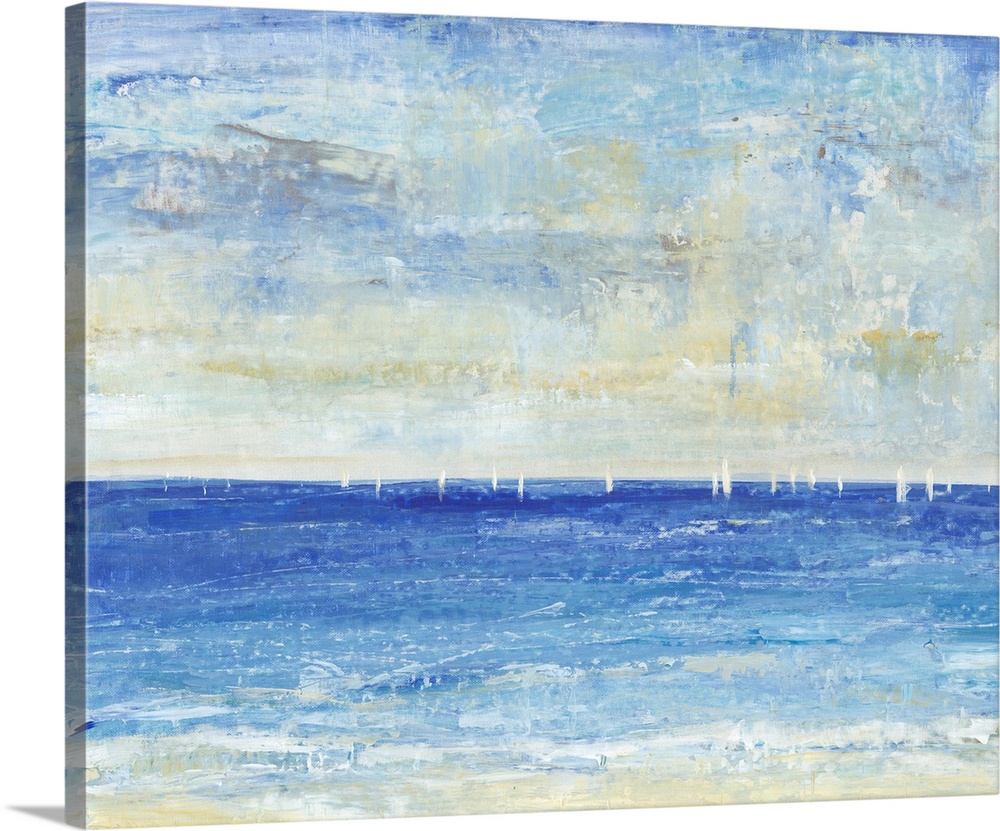 Seascape painting of a deep blue ocean with small white sailboats on the horizon.