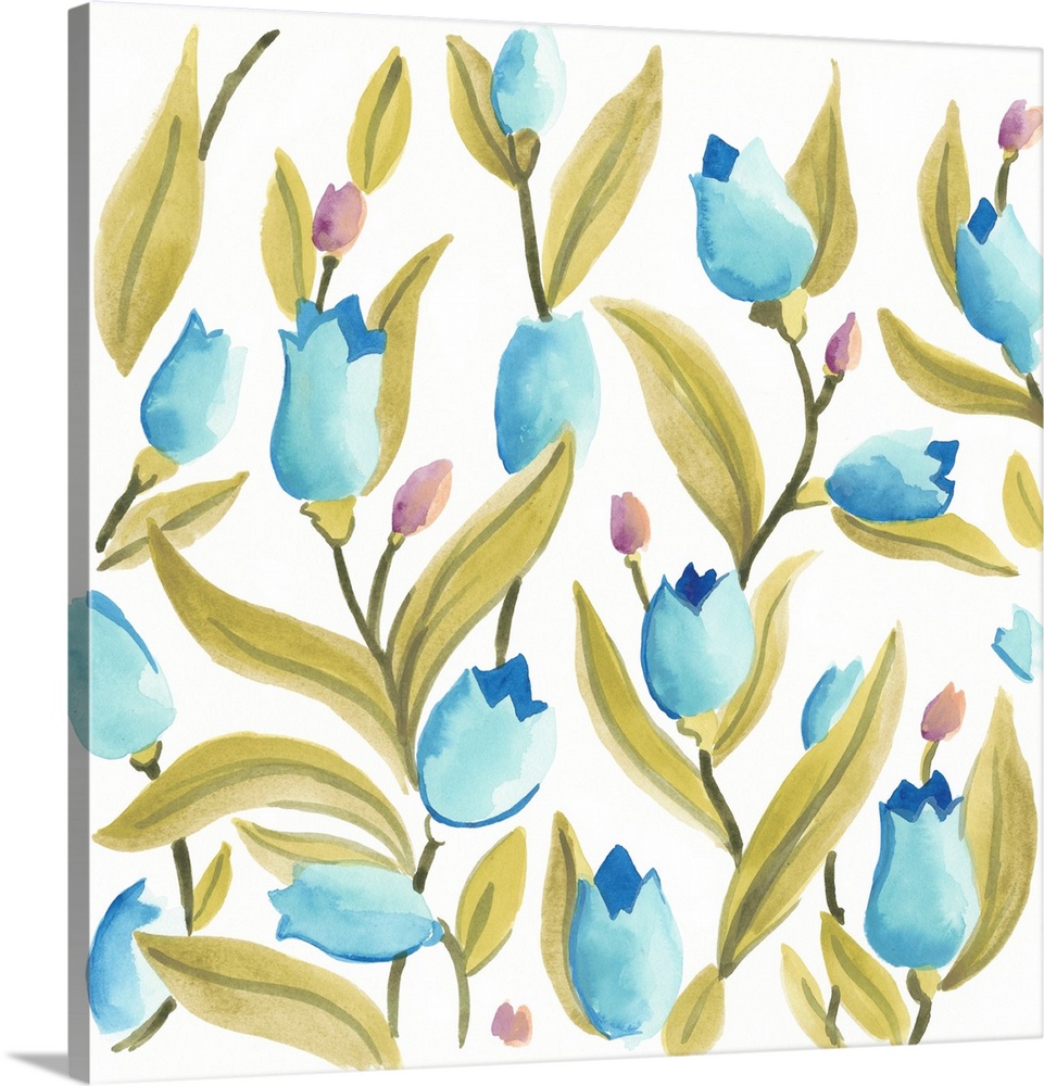Whimsical watercolor brush strokes create a cheerful display of blossoming botanicals.