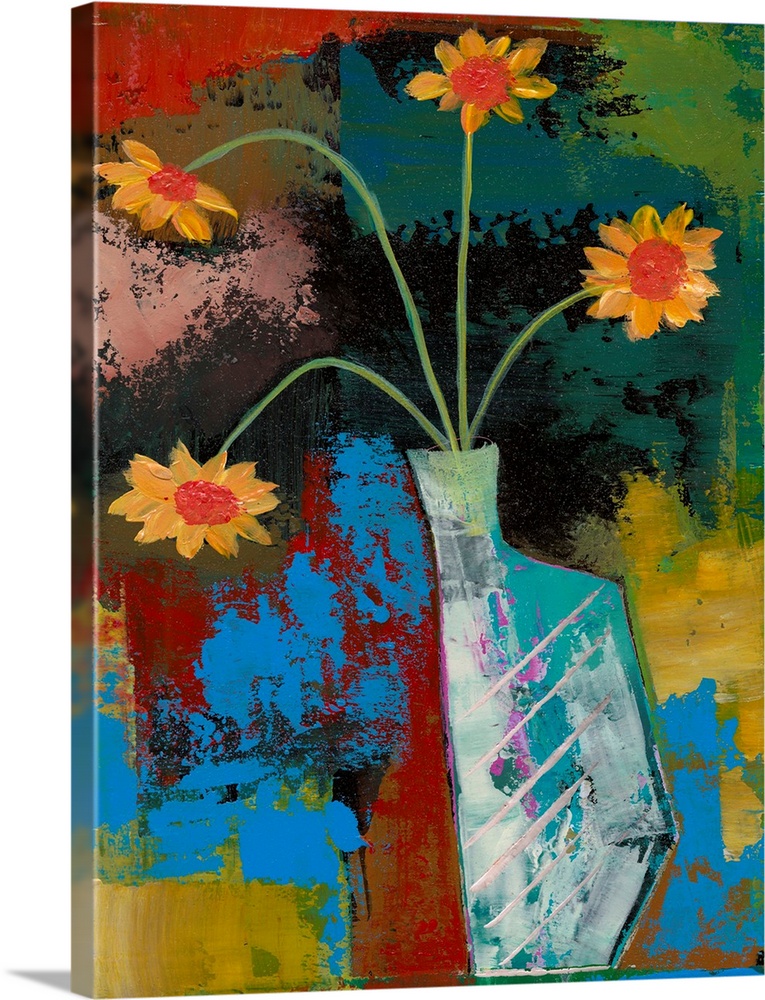 A painting of a vase holding flowers against an abstract background.