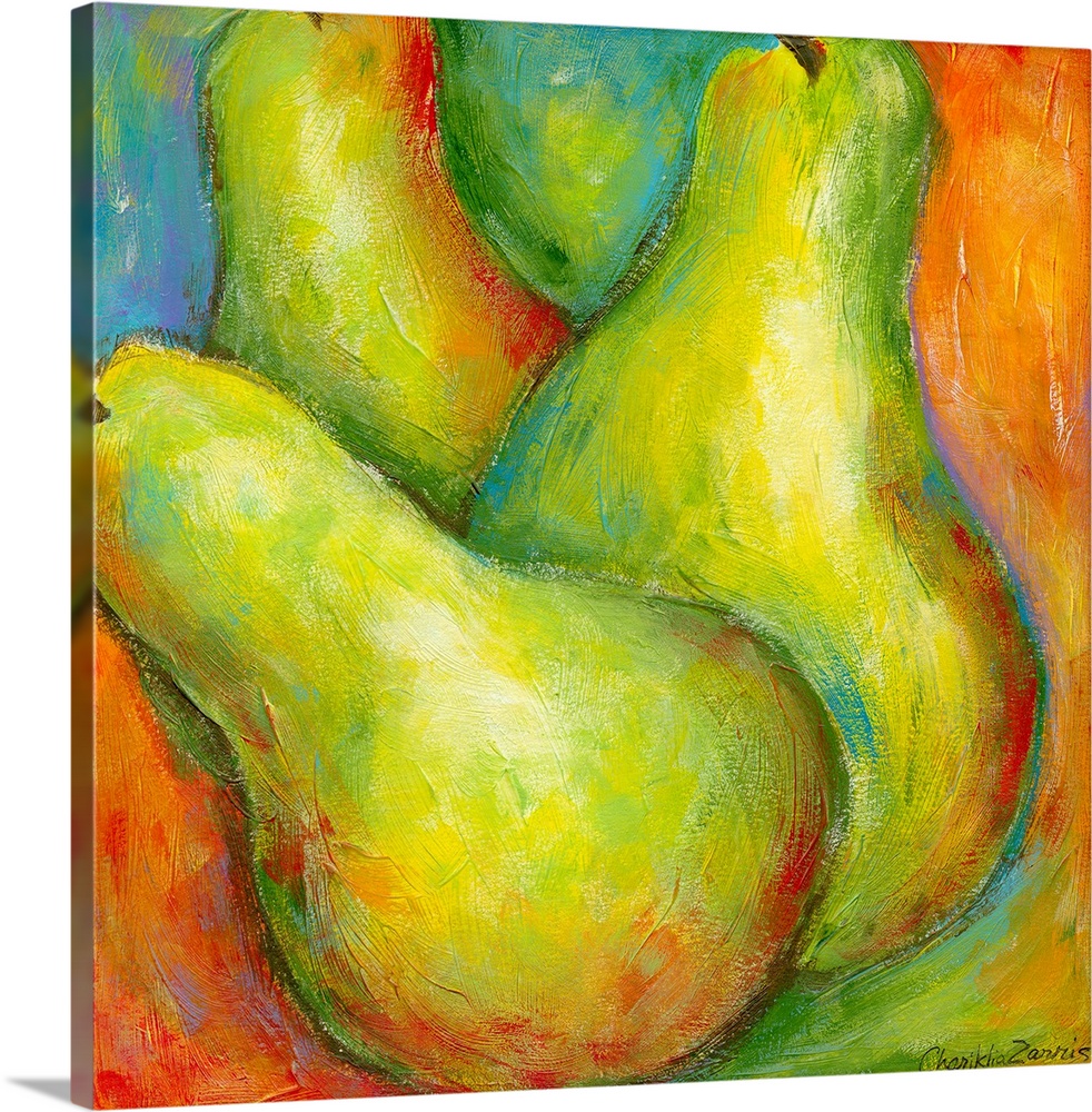 Up-close painting of three pears with a colorful abstract background.