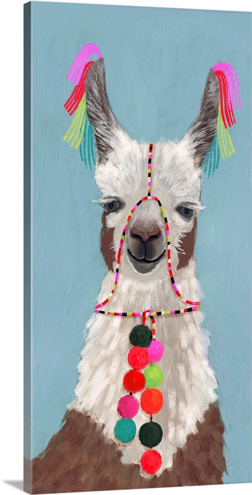 One painting in a series of festive llamas with goofy grins wearing colorful tassels and bright pom-poms.