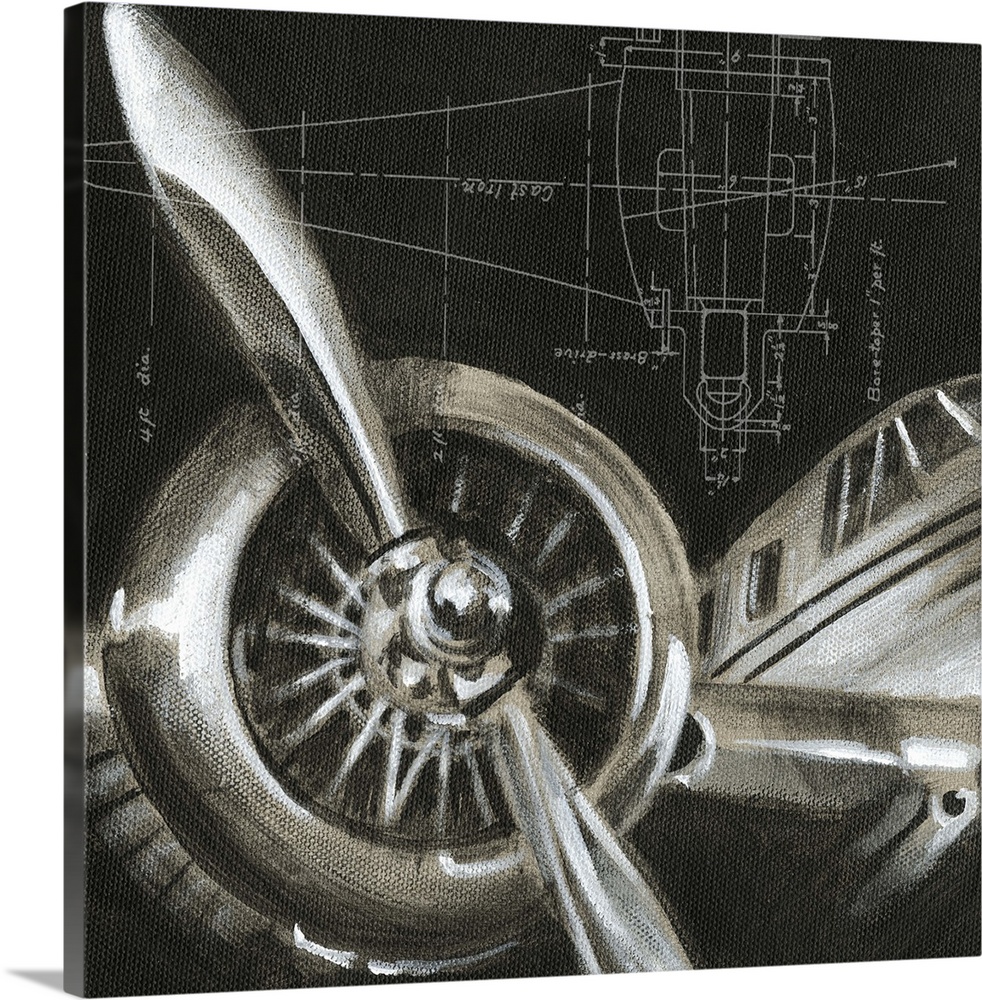 A contemporary painting of a close-up view of a vintage airplane propeller.