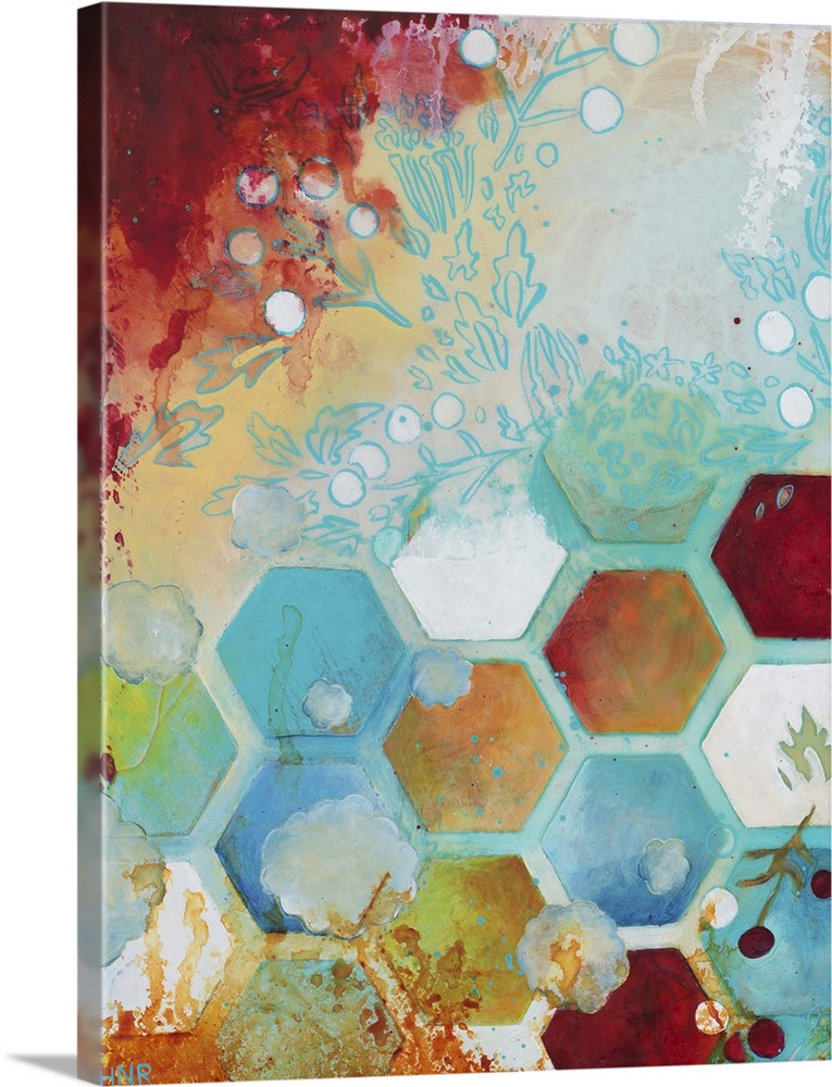 Abstract artwork in shades of turquoise and orange with a geometric hexagon pattern and floral elements.