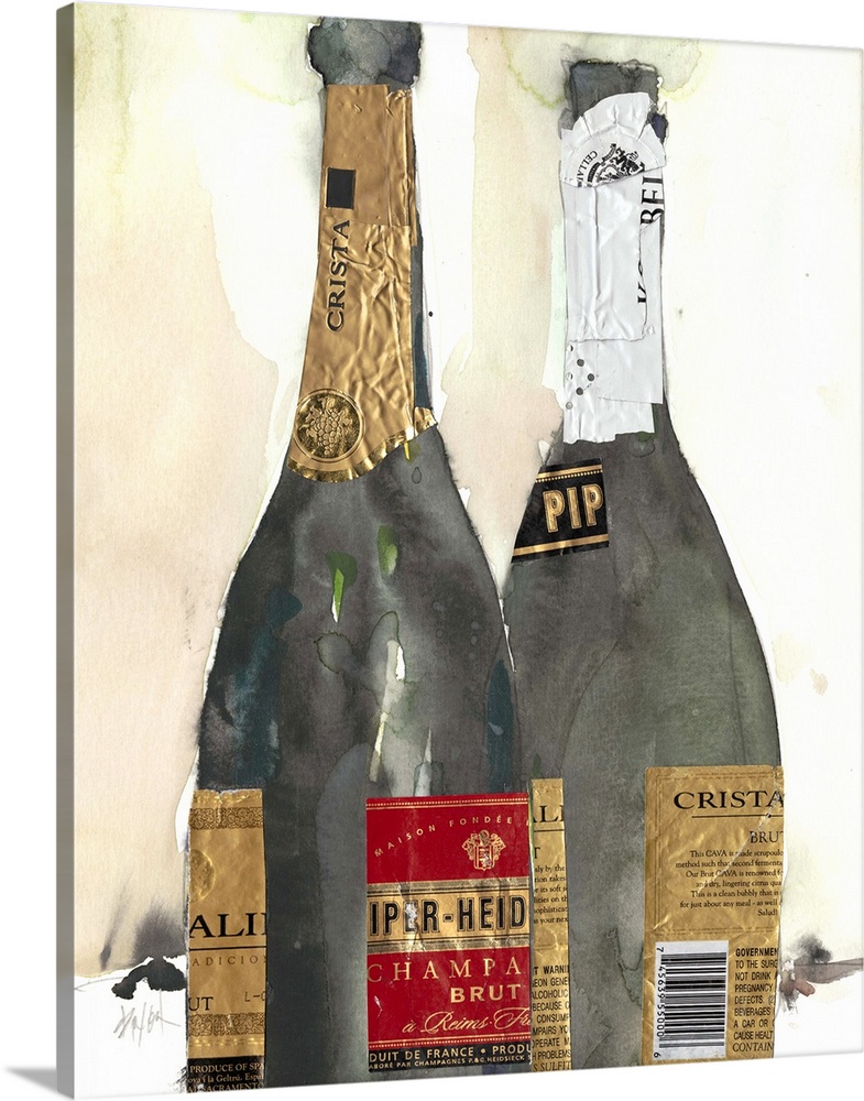 Watercolor painting of two champagne bottles, embellished with foil.