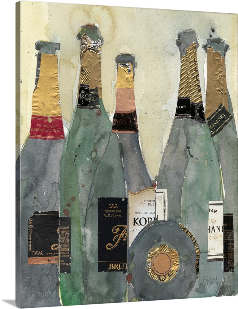 Still life painting of six opened bottles of champagne.