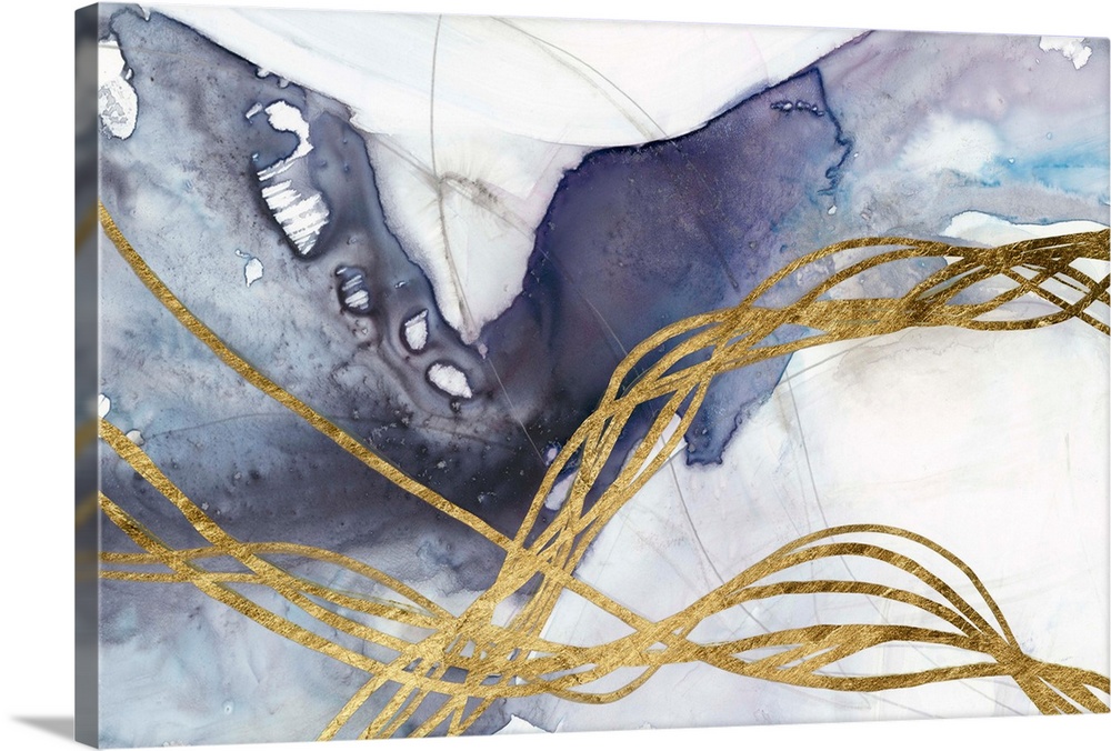 Contemporary abstract painting with blue and gold forms crossing the composition diagonally.