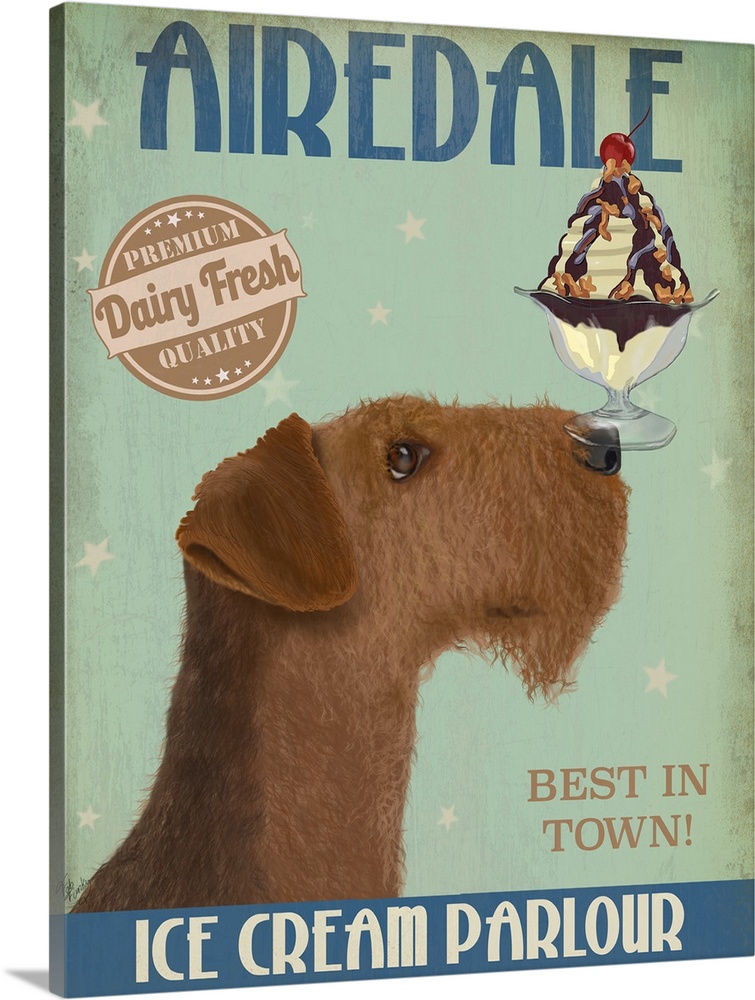 Decorative artwork of an Airedale balancing an ice cream sundae on its nose in an advertisement for an ice cream parlour.