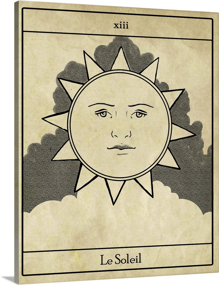Halloween themed artwork of a vintage tarot trump card of the sun.