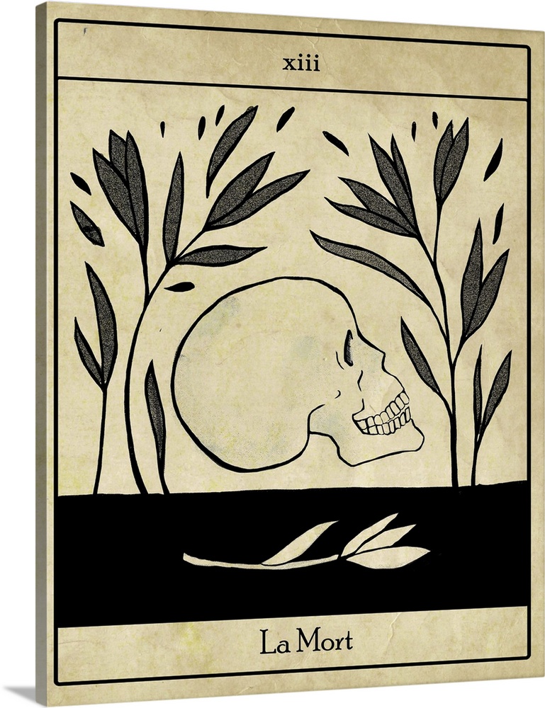 Halloween themed artwork of a vintage tarot death card with a skull.