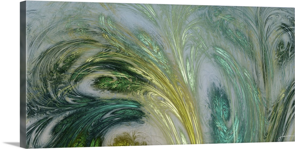 Contemporary abstract painting of swirling shapes resembling leaves.