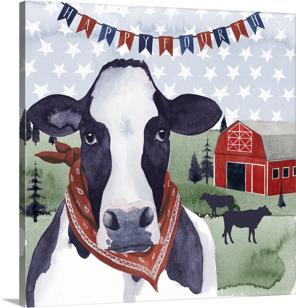 Banner of "Happy Fourth" above a black and white cow with a red bandanna in front of a barn and field with white stars in ...